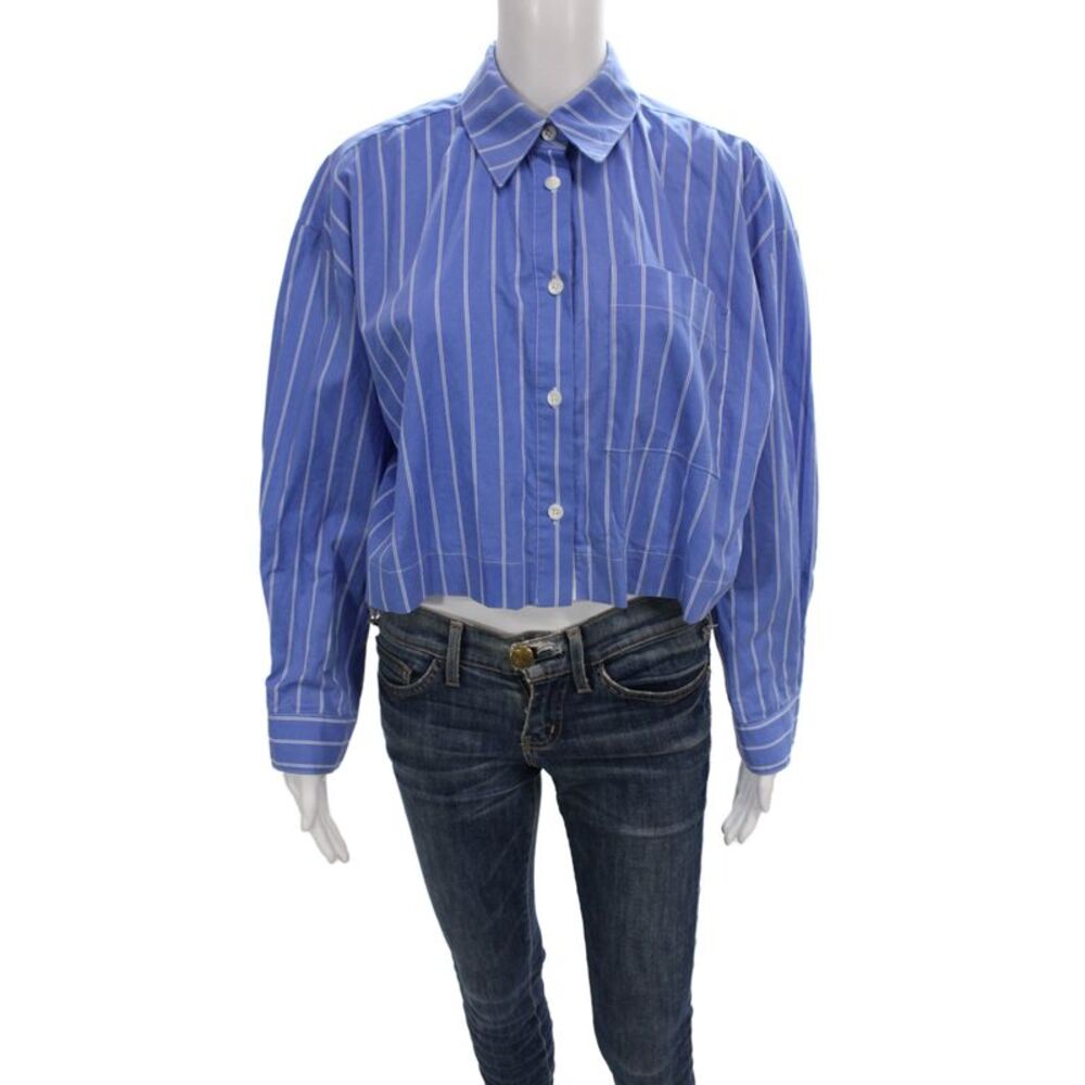 No. 6 Store Women Cropped Button Up Blue Striped Cotton Long Sleeve Size S